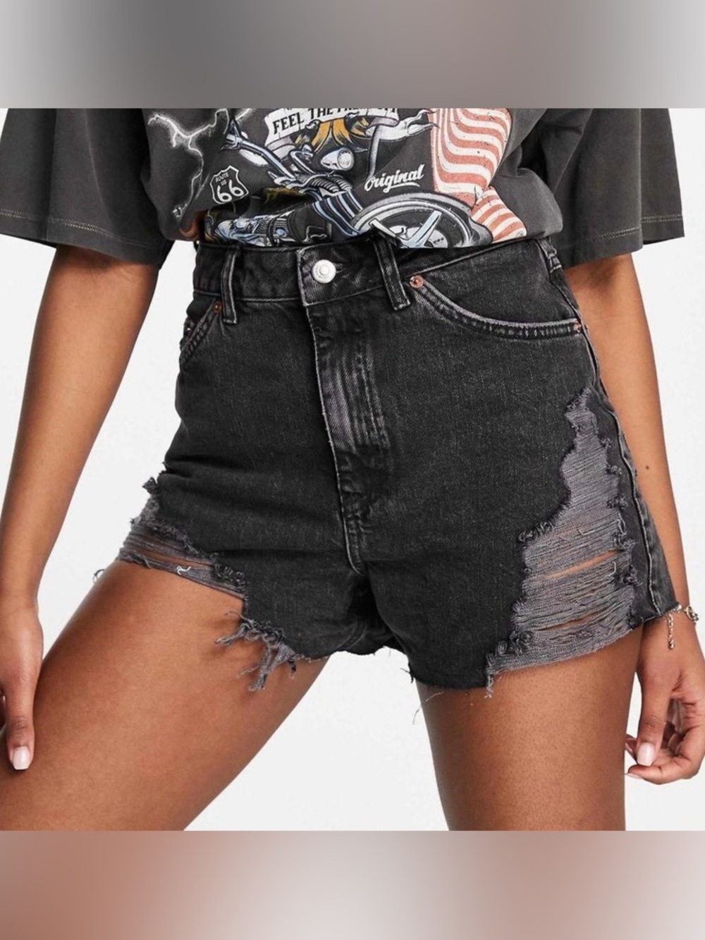 Topshop Moto Mom Black Distressed Denim Shorts High Rise Size 8